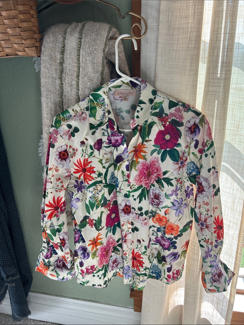 Philosophy Floral Collared Blouse - Cream, Green & Pink Accents